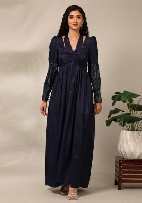 Blue Solid Satin Dress