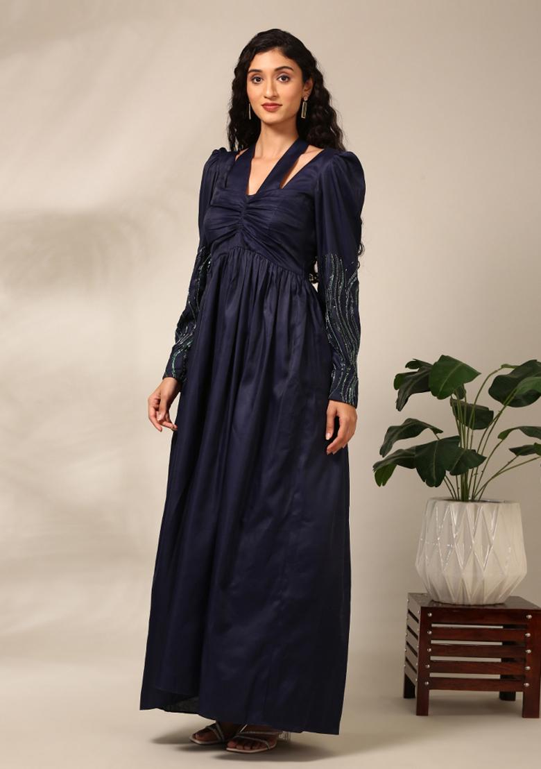 Blue Solid Satin Dress - Indya