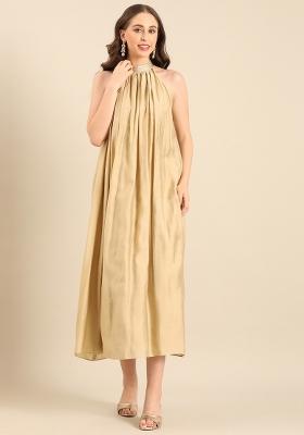 Beige Solid Georgette Dress