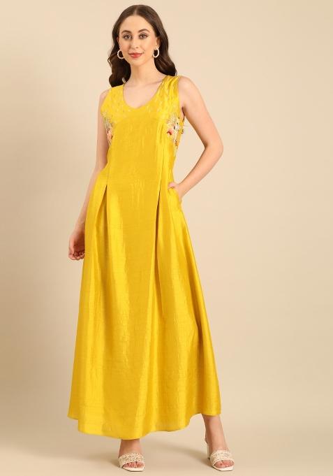 Yellow Embroidered Silk Dress — view on Indya