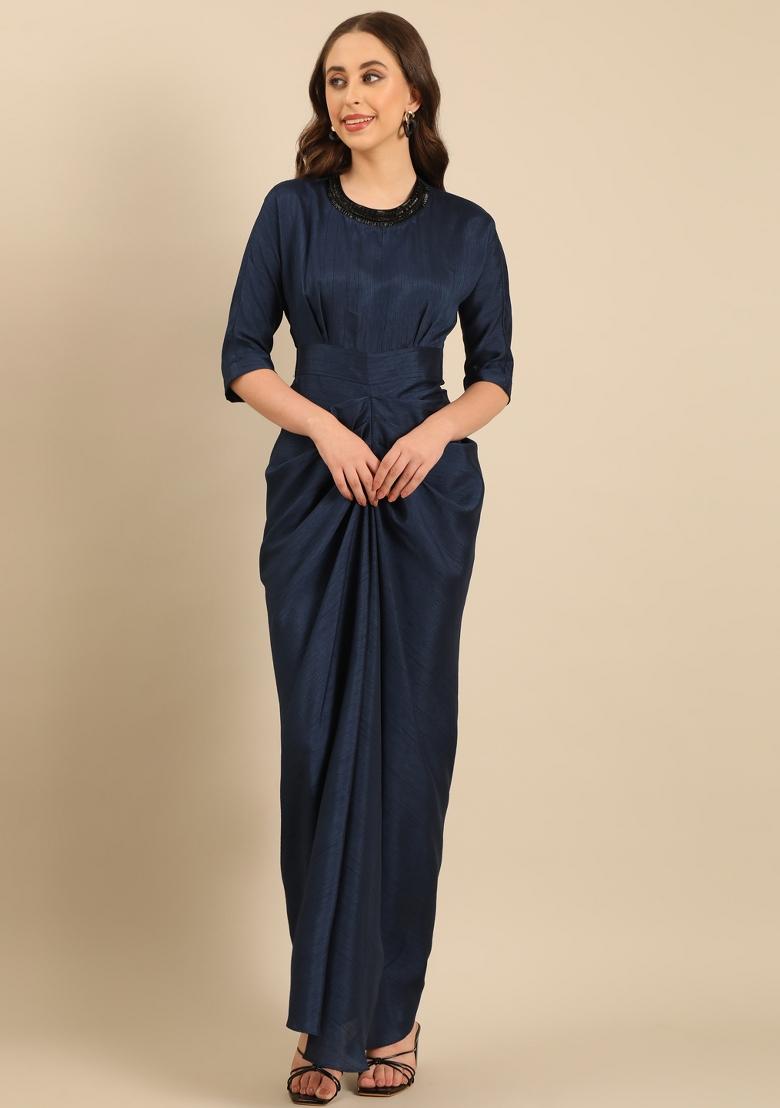 Blue Solid Silk Dress