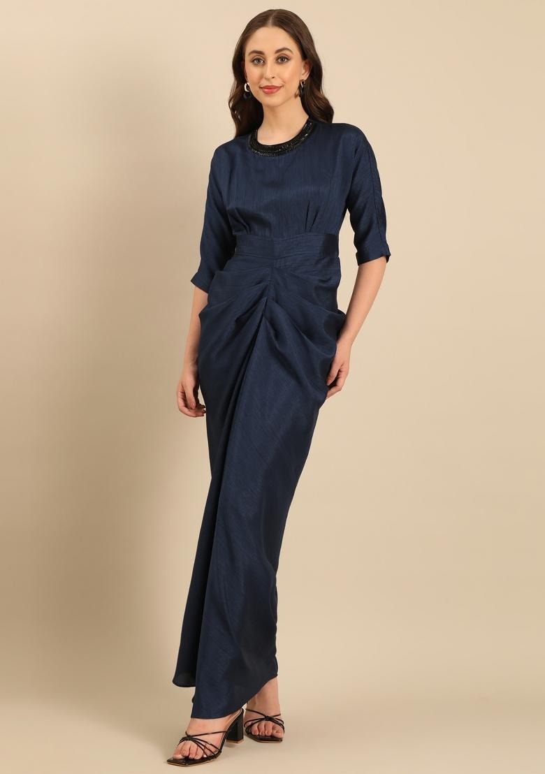 Blue Solid Silk Dress
