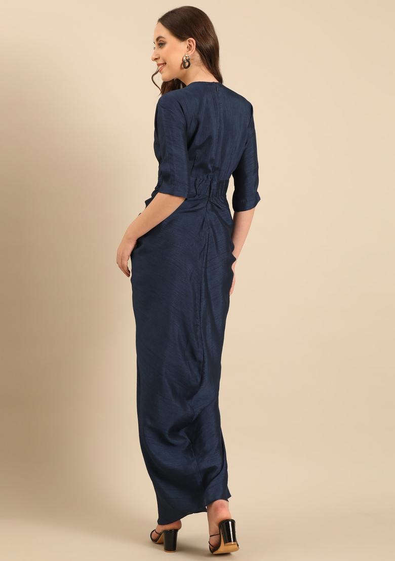 Blue Solid Silk Dress