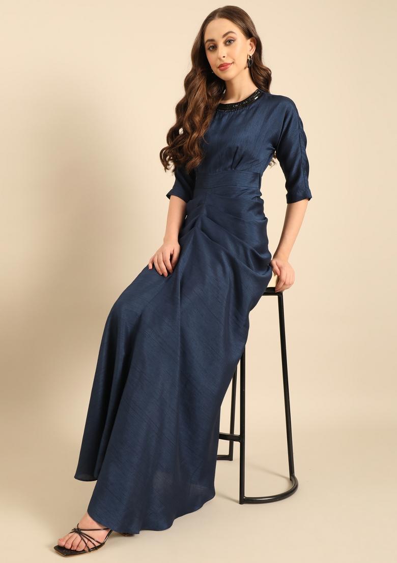 Blue Solid Silk Dress