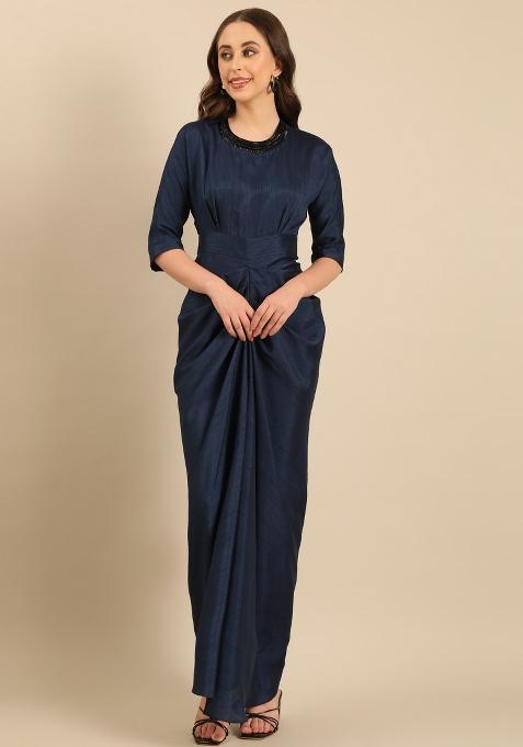 Blue Solid Silk Dress