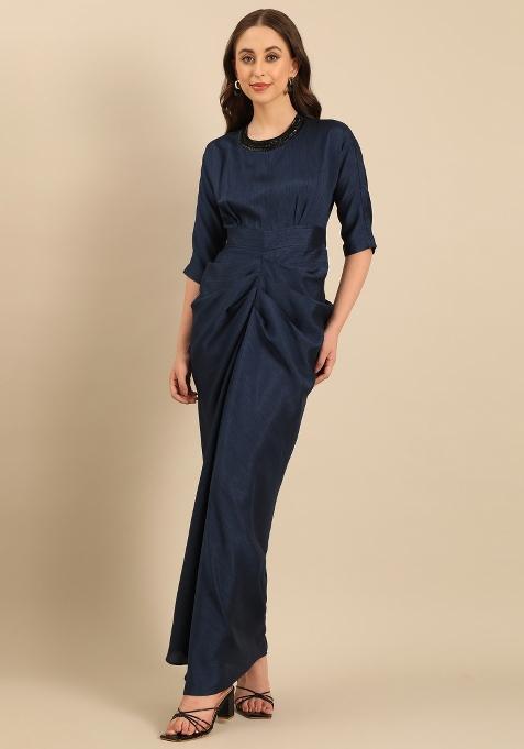 Blue Solid Silk Dress