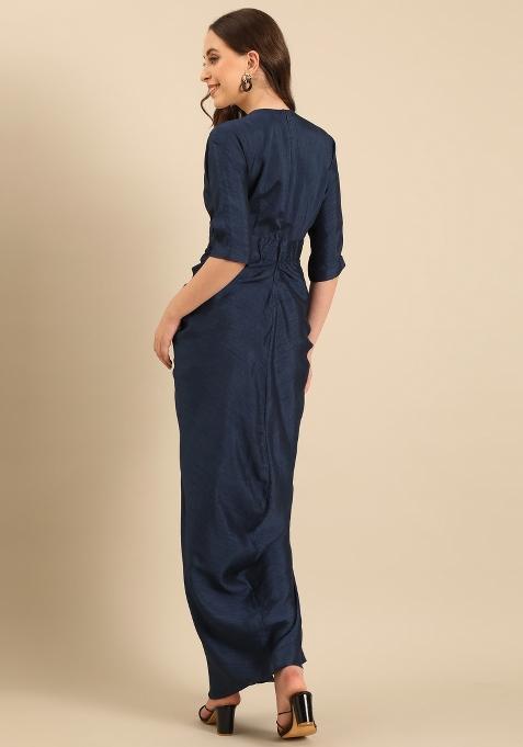 Blue Solid Silk Dress