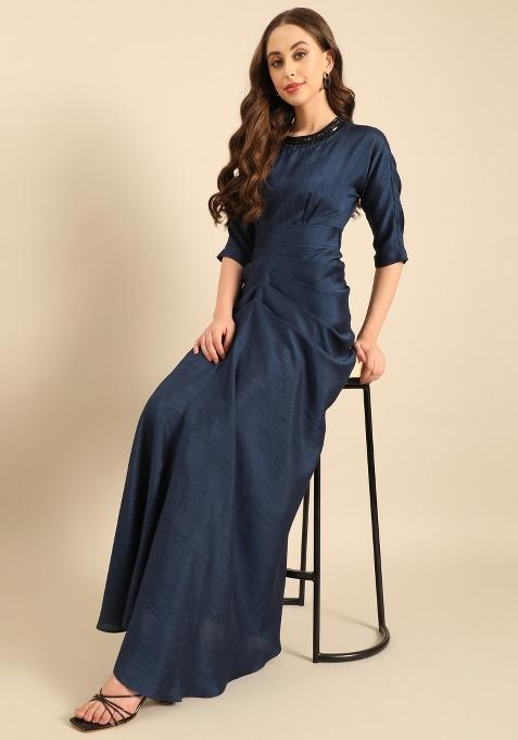 Blue Solid Silk Dress