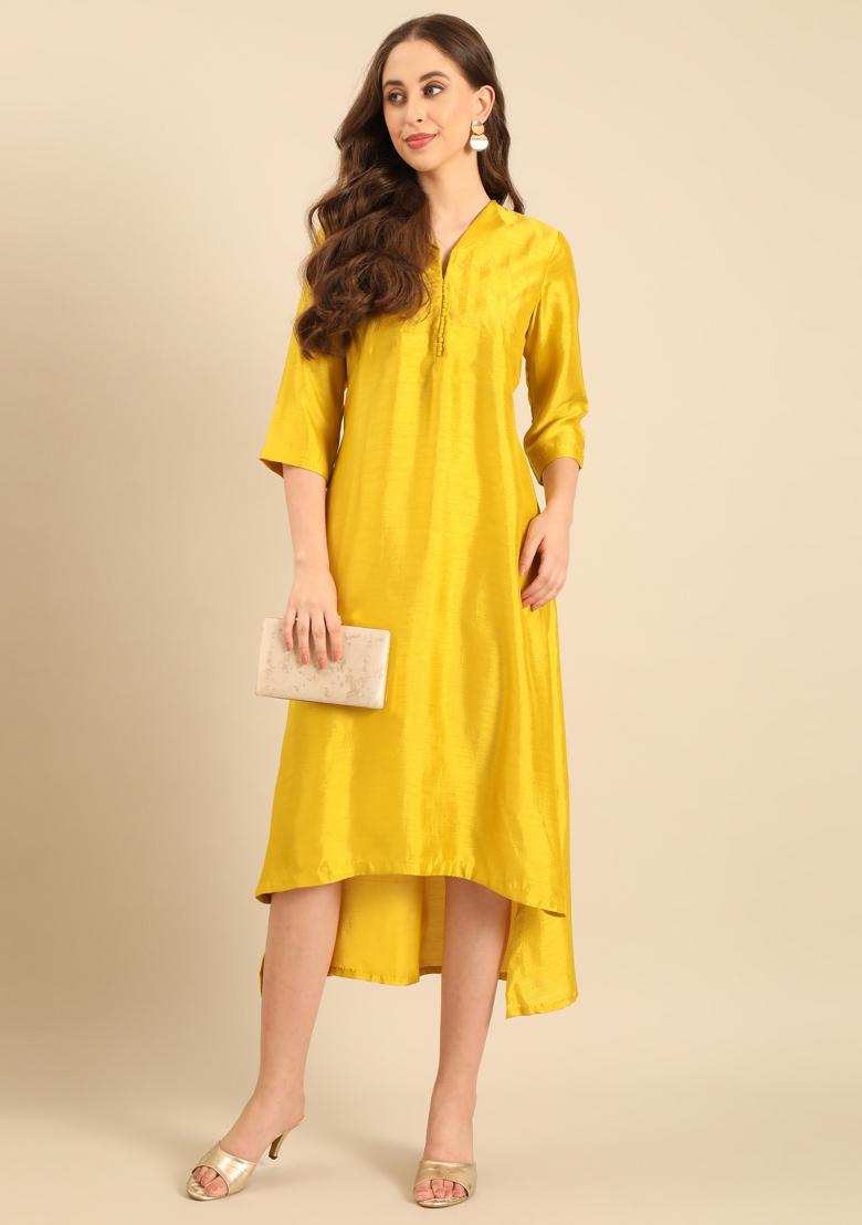 Yellow Solid Silk Dress