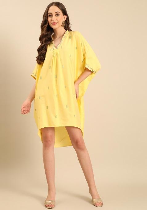 Yellow Embroidered Silk Dress — view on Indya