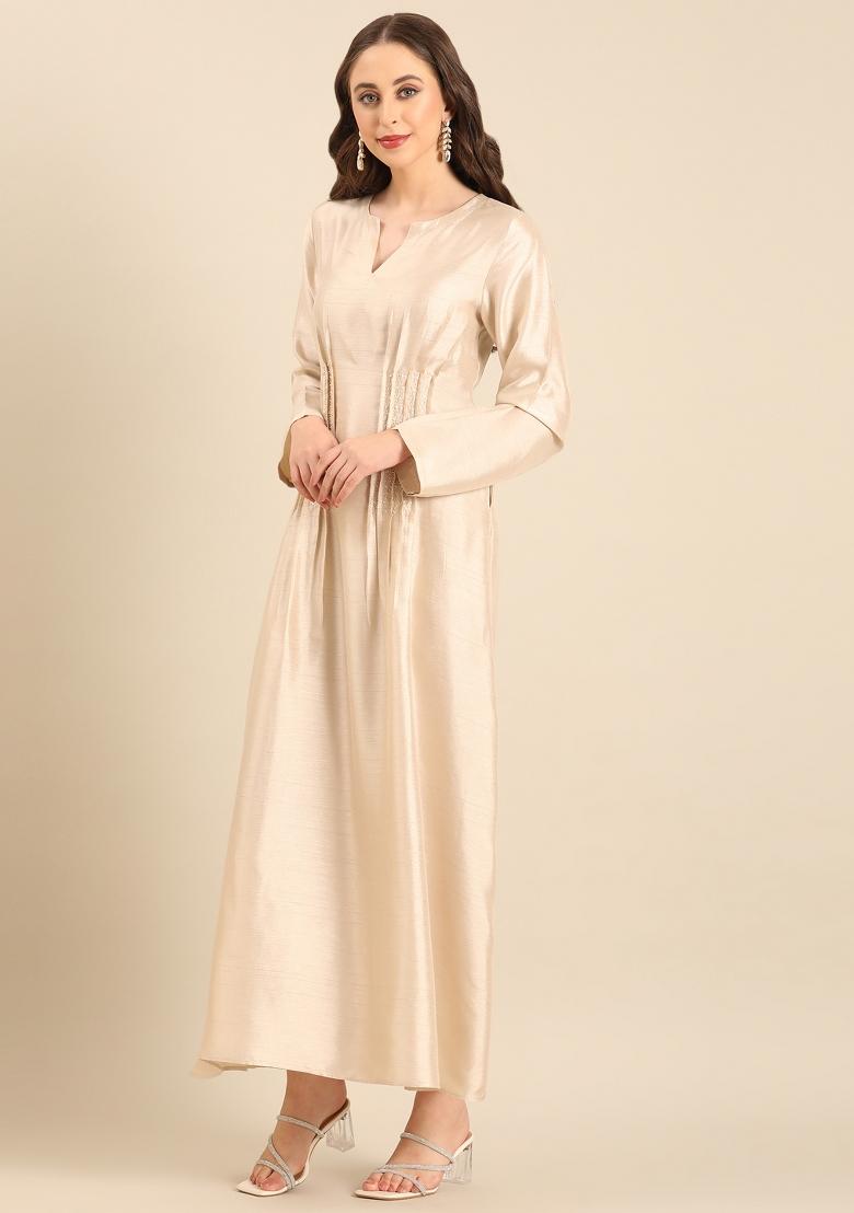 Beige Embroidered Silk Dress