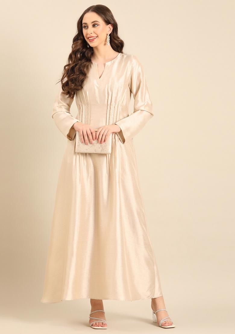 Beige Embroidered Silk Dress