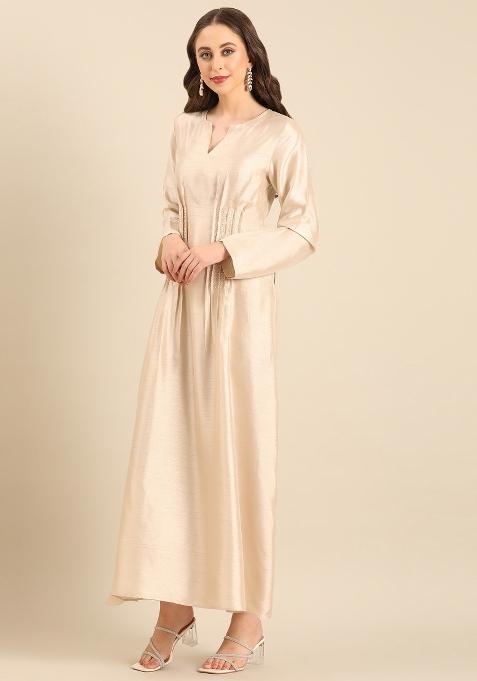 Beige Embroidered Silk Dress