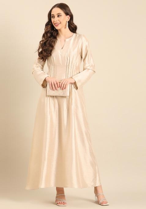 Beige Embroidered Silk Dress