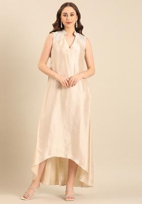 Sil Beige Embroidered Silk Dress