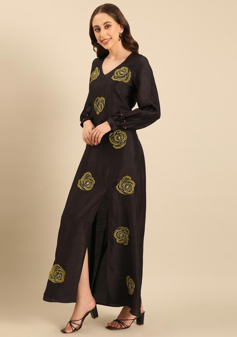 Black Embroidered Silk Dress