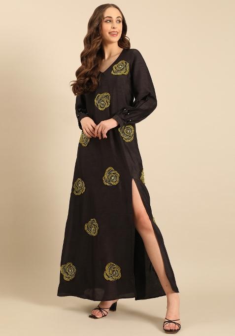 Black Embroidered Silk Dress
