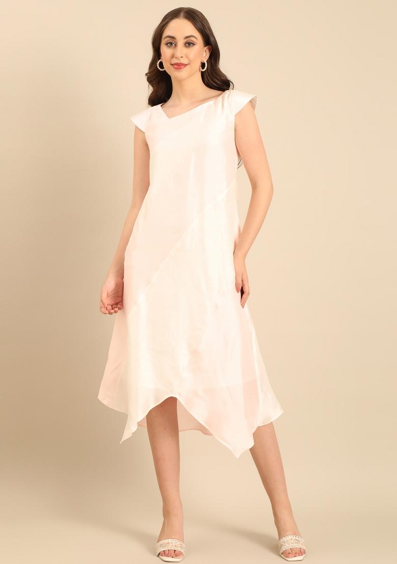 Ivory And Pnk Solid Silk Dress - Indya