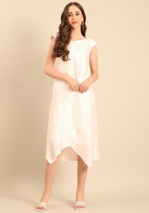 Ivory And Pnk Solid Silk Blend Dress