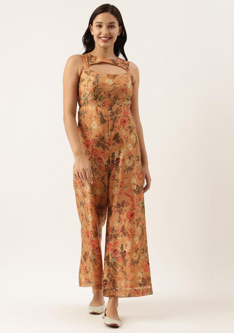 Rust Orange Printed Chanderi Dress