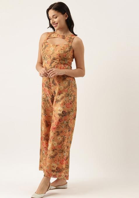Rust Orange Printed Chanderi Dress