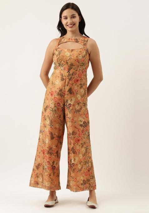 Rust Orange Printed Chanderi Dress