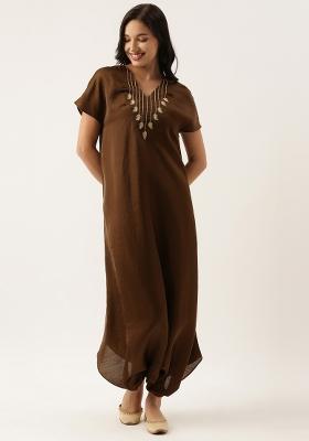 Brown Solid Silk Dress