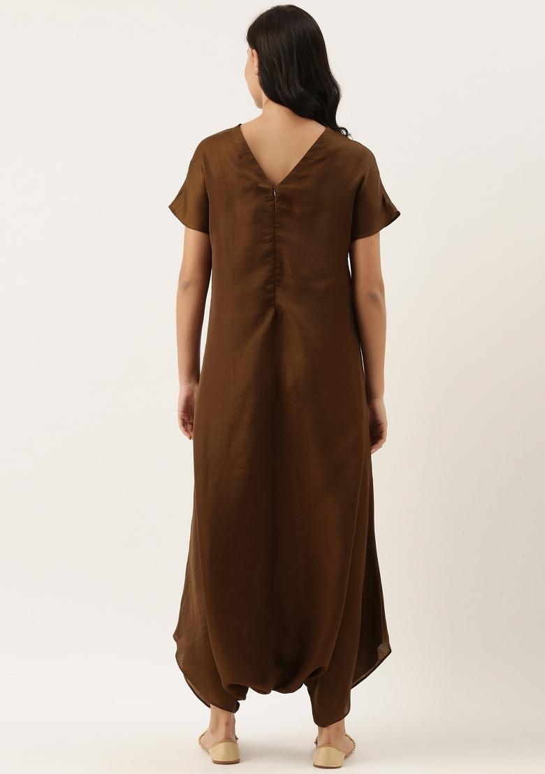 Brown Solid Silk Dress