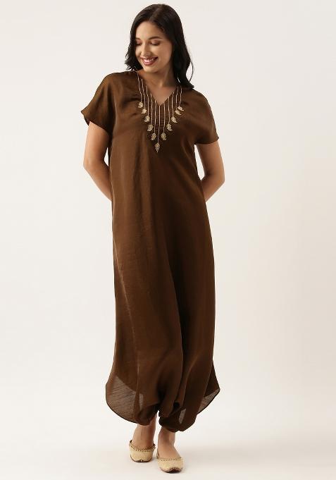 Brown Solid Silk Dress