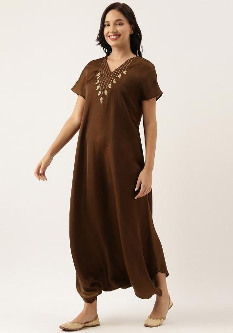 Brown Solid Silk Dress