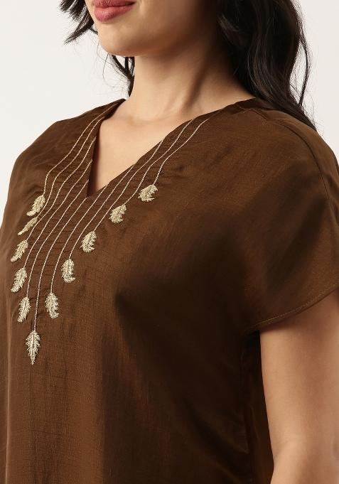 Brown Solid Silk Dress