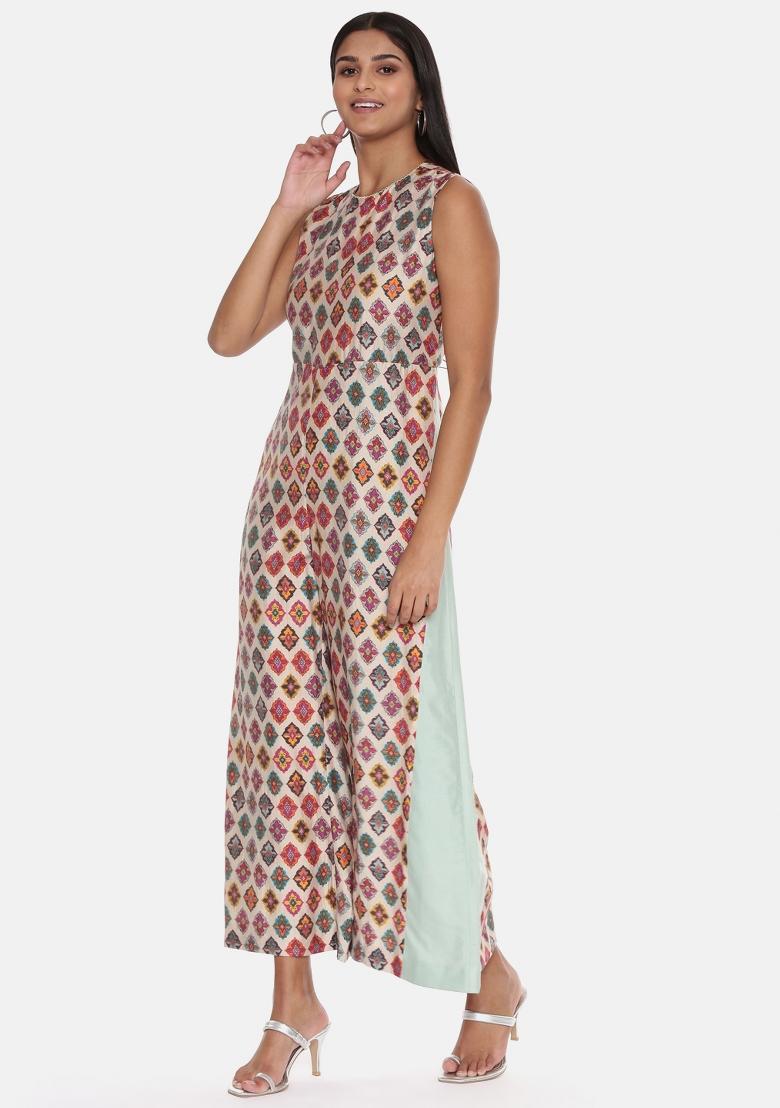 Green And Beige Printed Chanderi Dress
