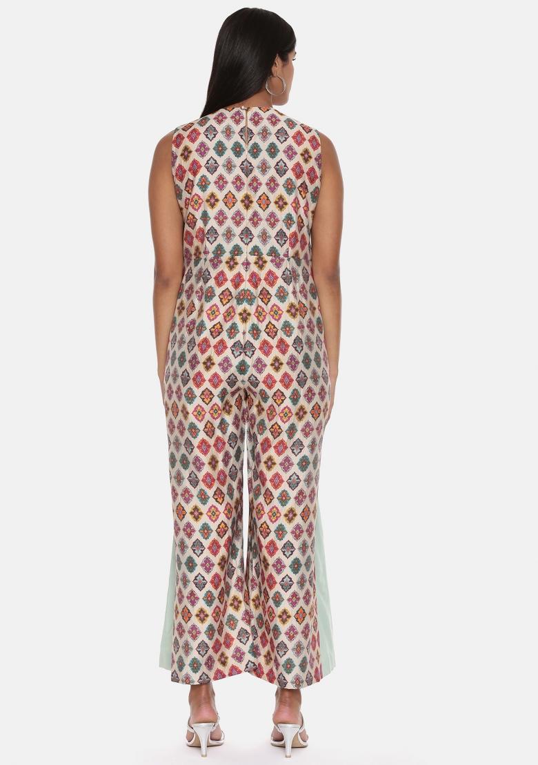 Green And Beige Printed Chanderi Dress