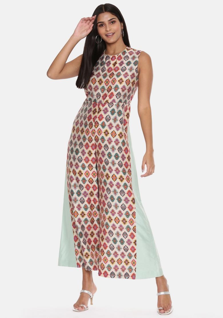 Green And Beige Printed Chanderi Dress - Indya
