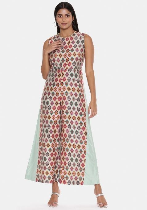 Green And Beige Printed Chanderi Dress