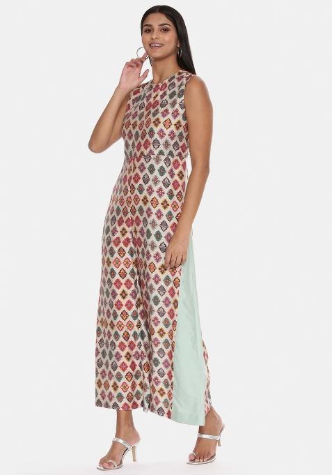 Green And Beige Printed Chanderi Dress