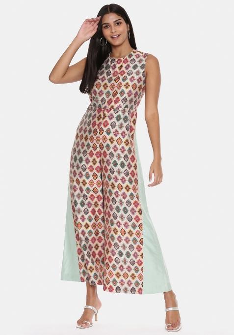 Green And Beige Printed Chanderi Dress