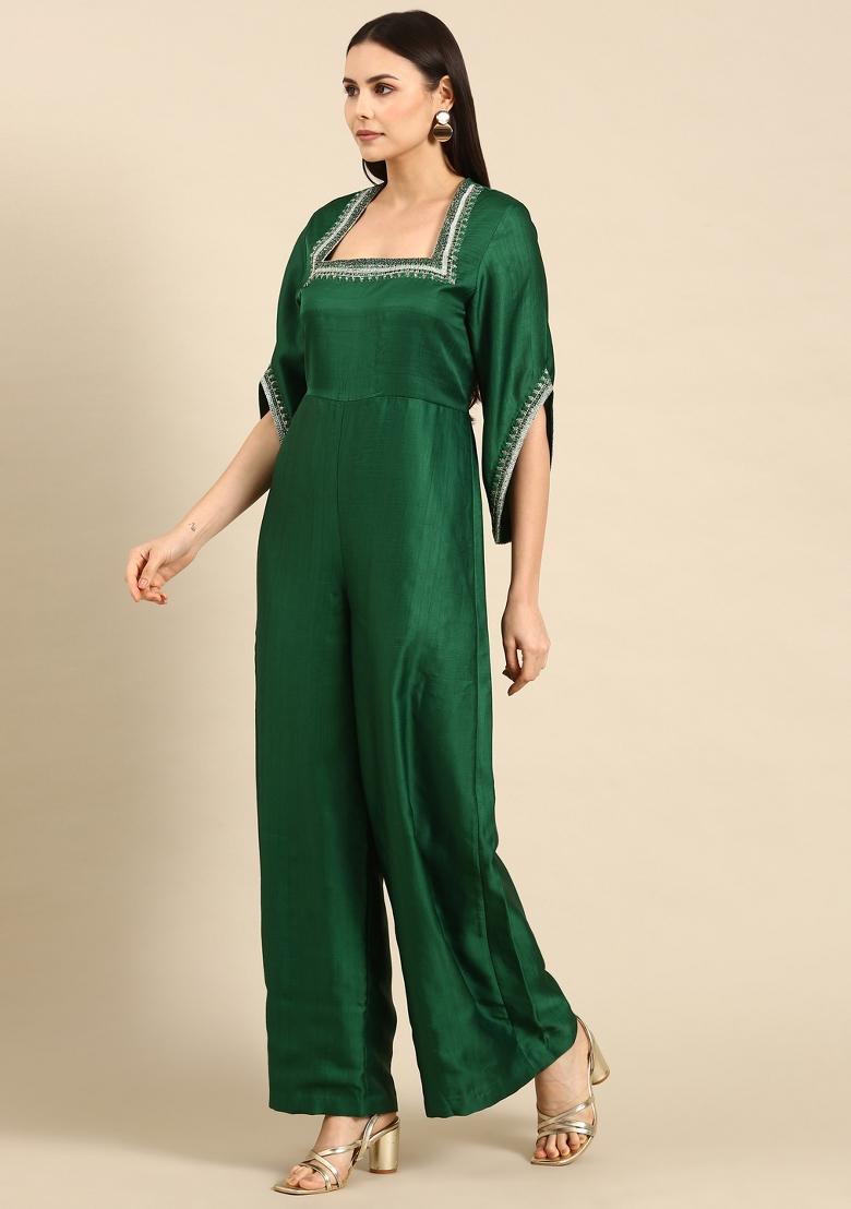 Green Solid Silk Dress