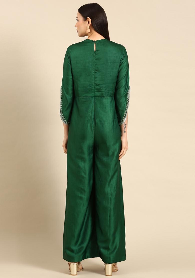 Green Solid Silk Dress