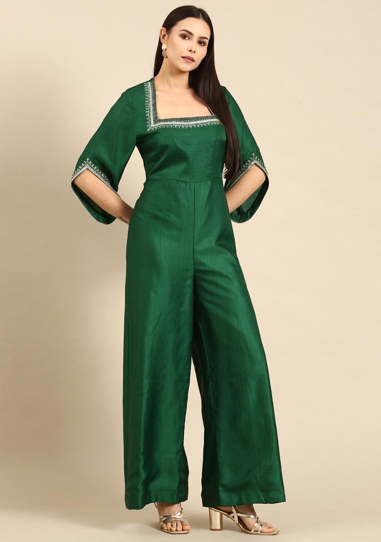Green Solid Silk Dress