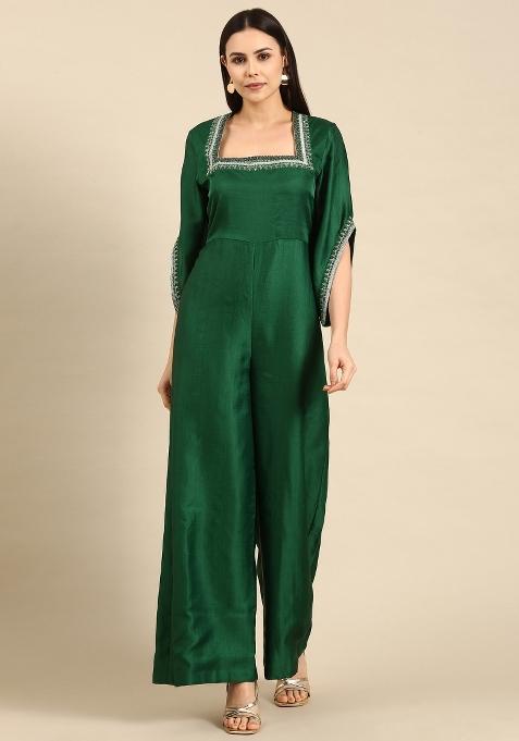 Green Solid Silk Dress