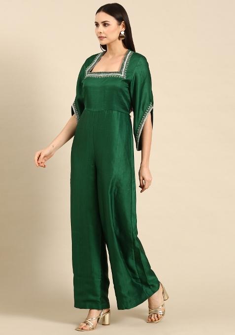 Green Solid Silk Dress