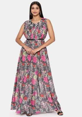 Grey And Pink Printed Muslin Dress