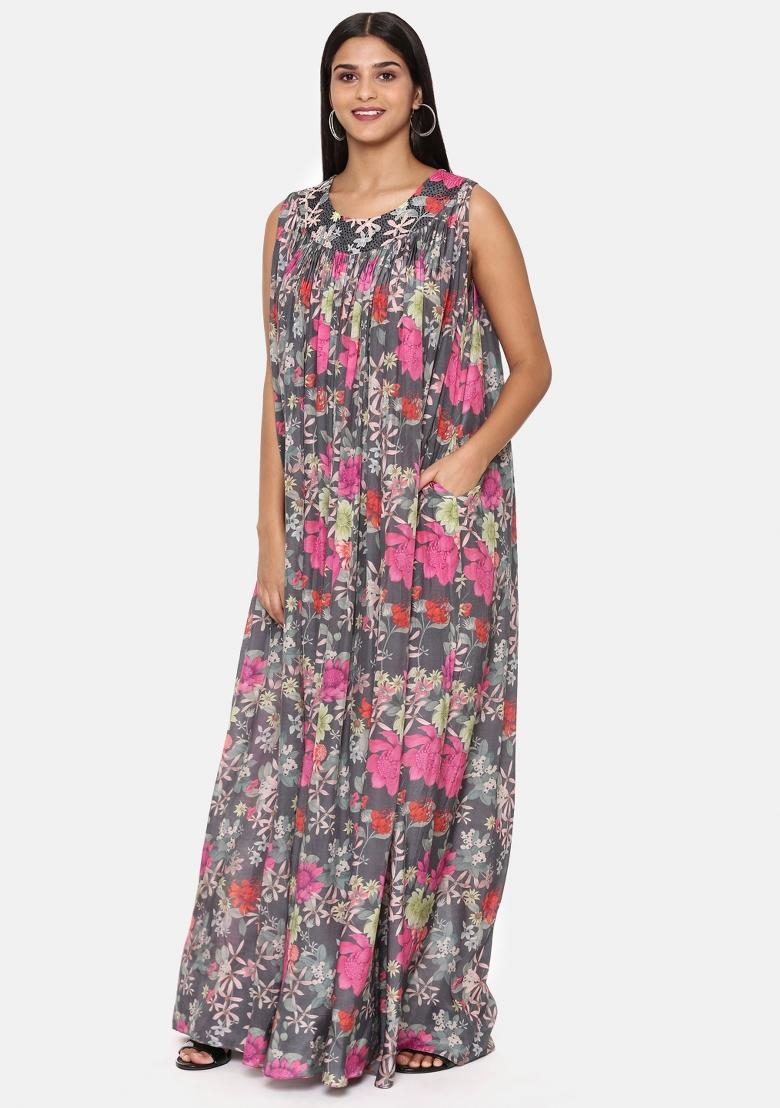 Grey And Pink Printed Muslin Dress