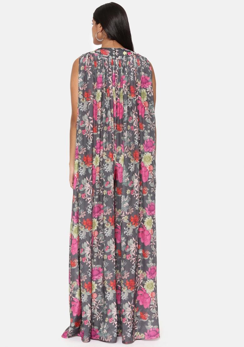Grey And Pink Printed Muslin Dress
