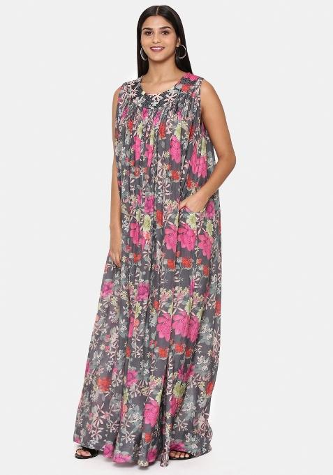 Grey And Pink Printed Muslin Dress