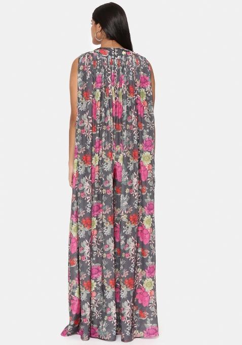 Grey And Pink Printed Muslin Dress