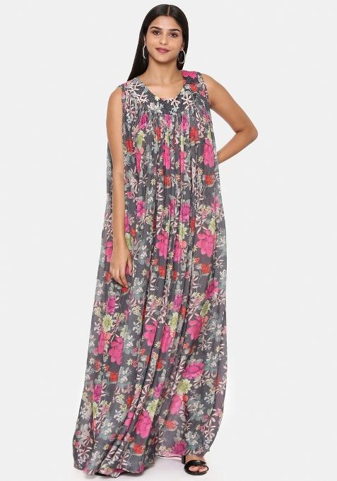 Grey And Pink Printed Muslin Dress