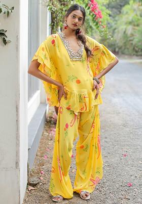 Yellow Floral Print Embroidered Co-Ord Set