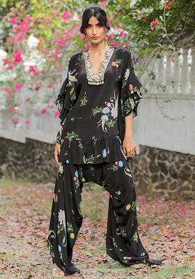Black Floral Print Embroidered Co-Ord Set
